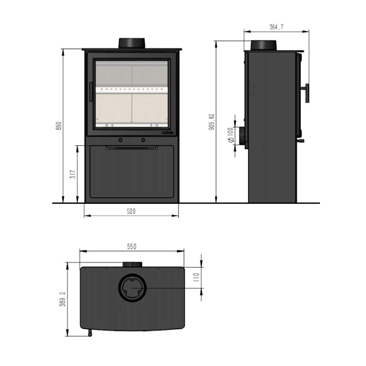 Kaminofen 5,1 kW schwarz mit Holzlagerfach