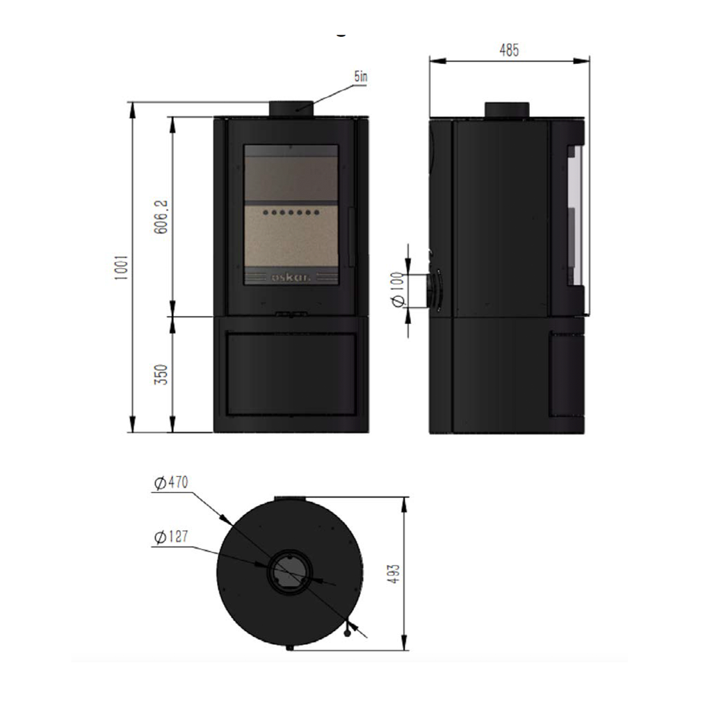 Kaminofen 4,9 kW schwarz mit Holzlagerfach