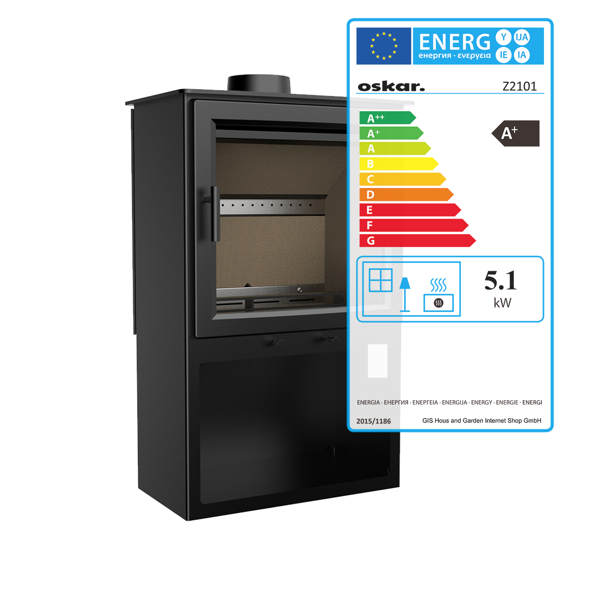 Kaminofen 5,1 kW schwarz mit Holzlagerfach