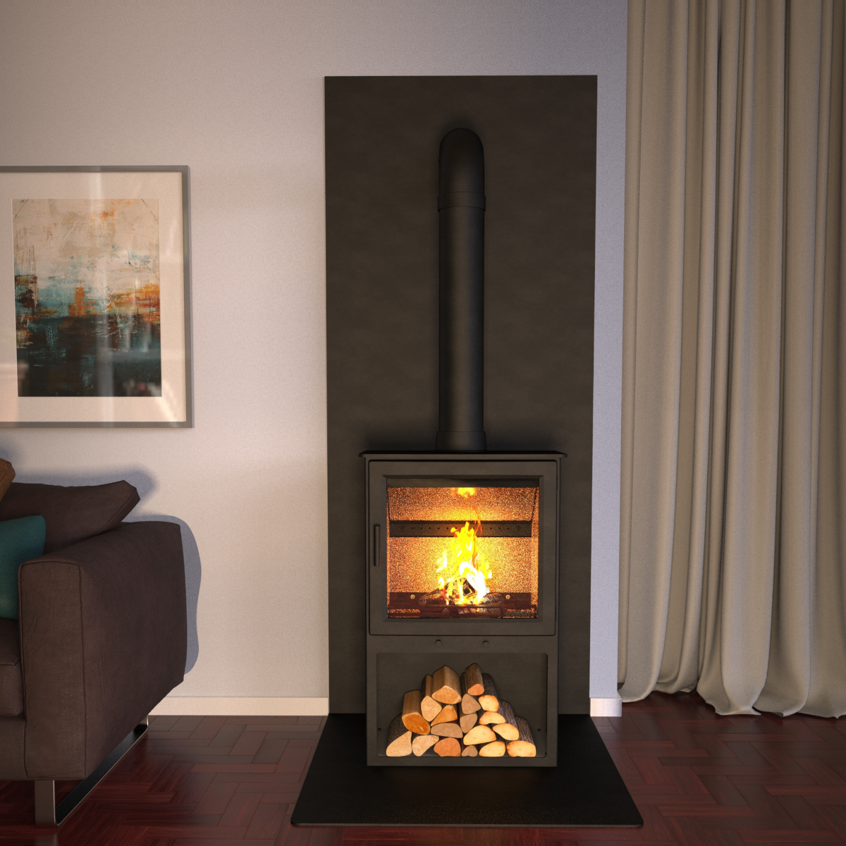 Kaminofen 5,1 kW schwarz mit Holzlagerfach